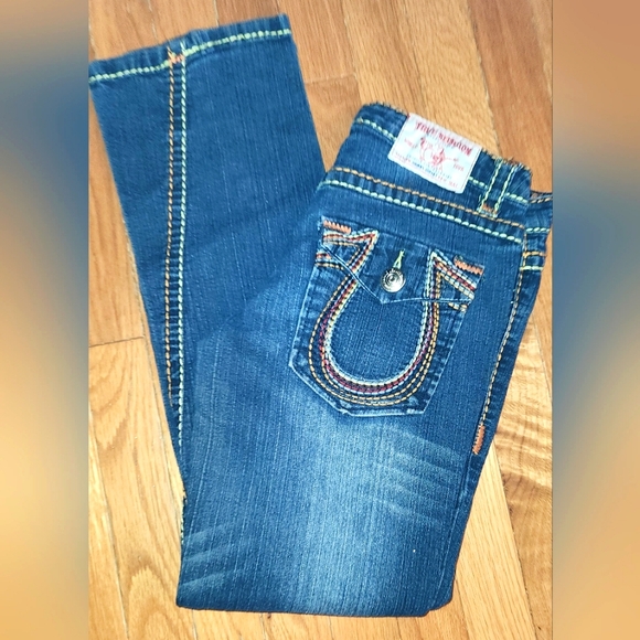VINTAGE TRUE RELIGION RAINBOW FLAP POCKETS SIZE 28X28 Dark wash johnny - Picture 8 of 16